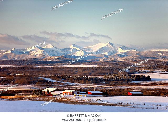 View Rocky Mountains as sun rises, Range Road 33, Alberta, Canada