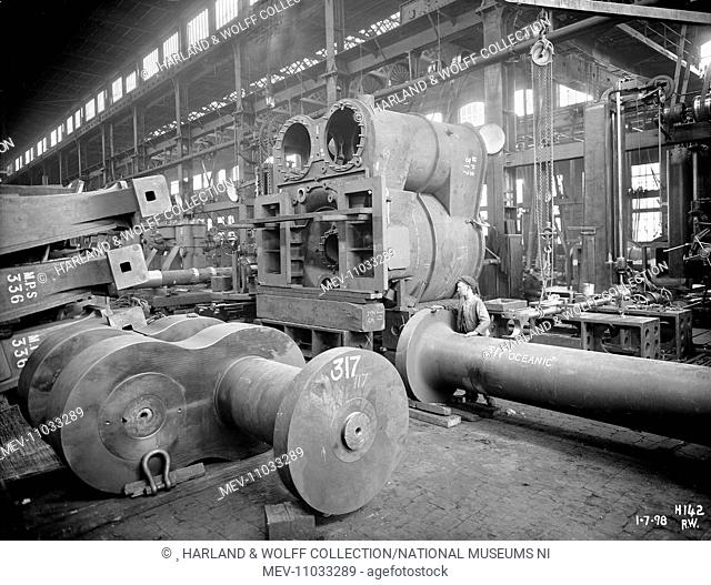 Crankshaft and other propelling machinery components in Engine Works prior to assembly. Ship No: 317. Name: Oceanic. Type: Passenger Ship