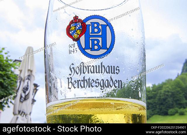 The half litre glass of Berchtesgadener beer in Maria Gern, Berchtesgaden, Berchtesgadener Land district, Upper Bavaria, Germany, on June 16, 2022