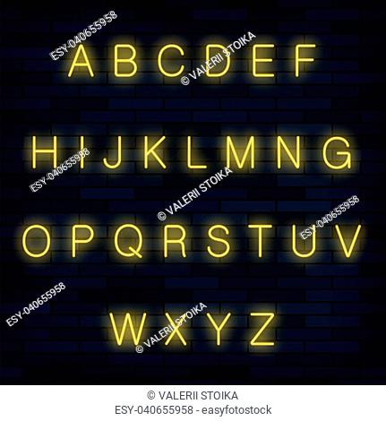 Yellow Neon Alphabet on Blue Brick Background. Retro Bright Letters. Realictic Type Set. Graphic Font Design