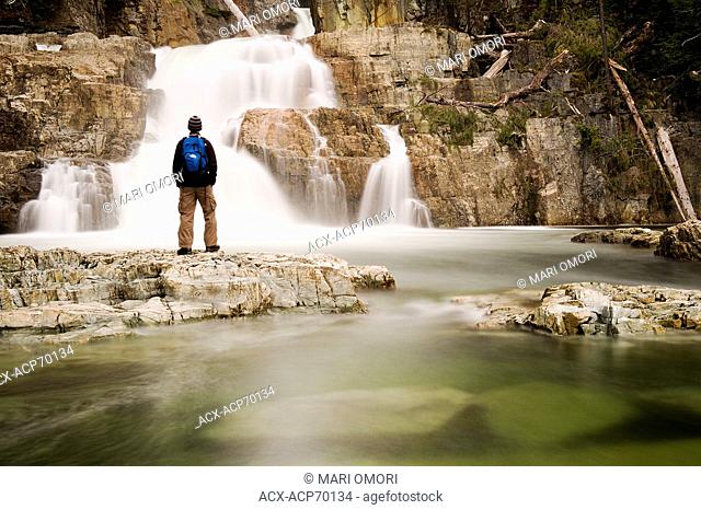 A man admires the Lower Myra falls in Strathcona Provincial Park, Vancouver Island, BC. Model release signed