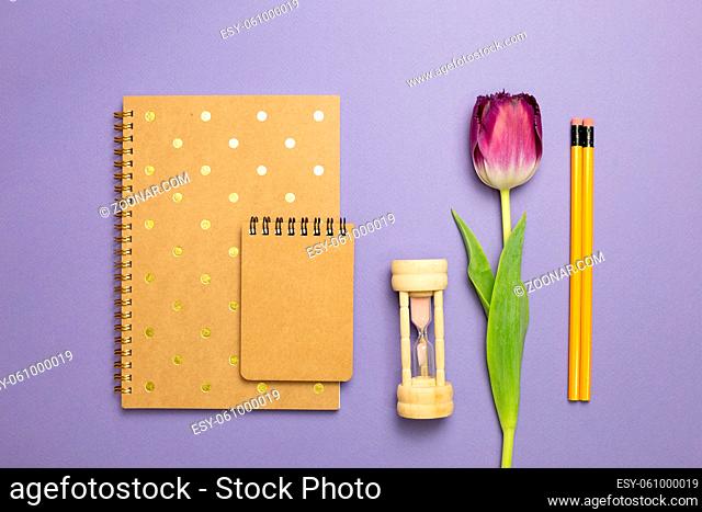 Notebook, hourglass, tulip, pencil on purple background. flat lay, top view, copy space. Work and study place