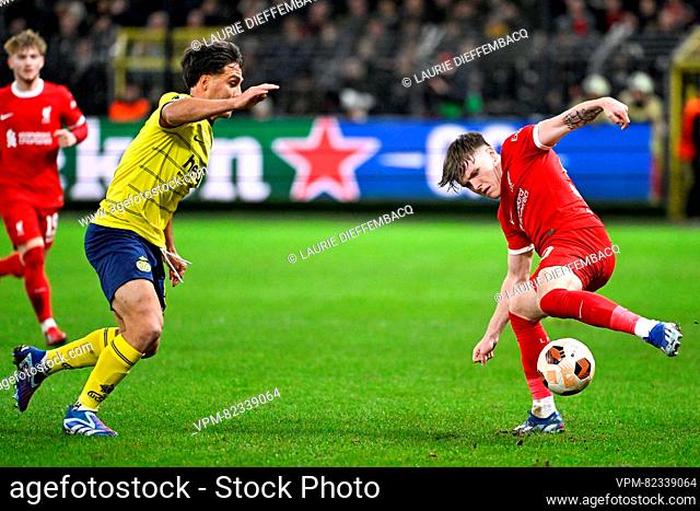 Union's Kevin Mac Allister and Liverpool's Ben Doak fight for the ball during a game between Belgian soccer team Royale Union Saint Gilloise and English club...