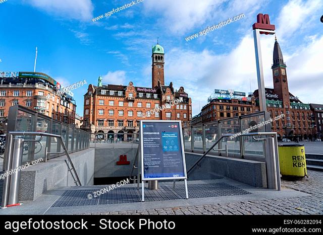Copenhagen, Denmark - March 20, 2020: Sign at Town Hall metro station informing about the coronavirus