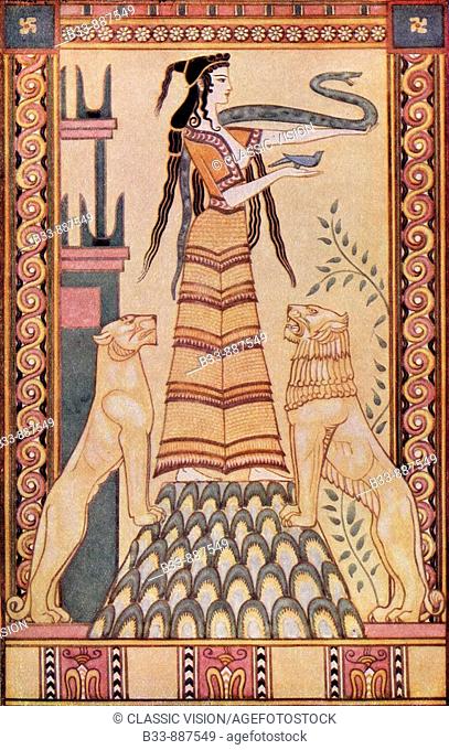 The Snake Goddess of Crete after the painting by John Duncan  Colour illustration from the book Myths of Crete and Pre-Hellenic Europe by Donald A Mackenzie