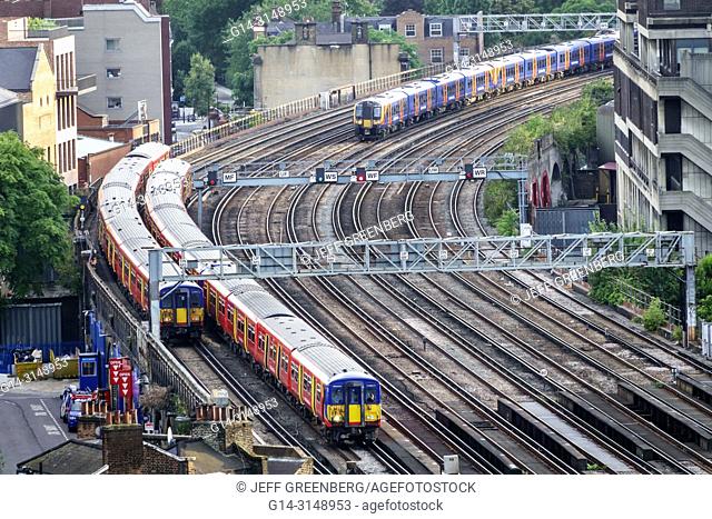 United Kingdom Great Britain England, London, South Bank, Lambeth, London Waterloo, train station, South Western Railway, National Rail network terminus, tracks