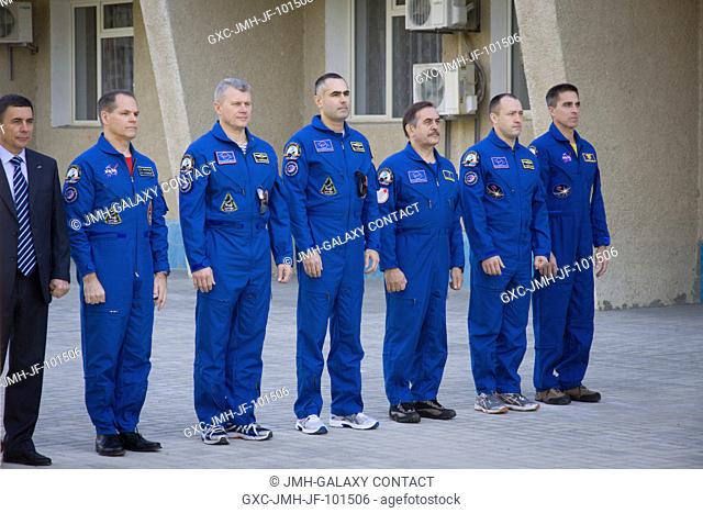 The Expedition 3334 prime and backup crew members participated in ceremonies outside their Cosmonaut Hotel crew quarters in Baikonur, Kazakhstan October 11