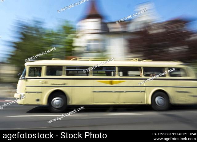 03 May 2022, Saxony, Dresden: An ""Ikarus 66"" bus drives through the city. The bus was built in the Hungarian Ikarus factories in 1972