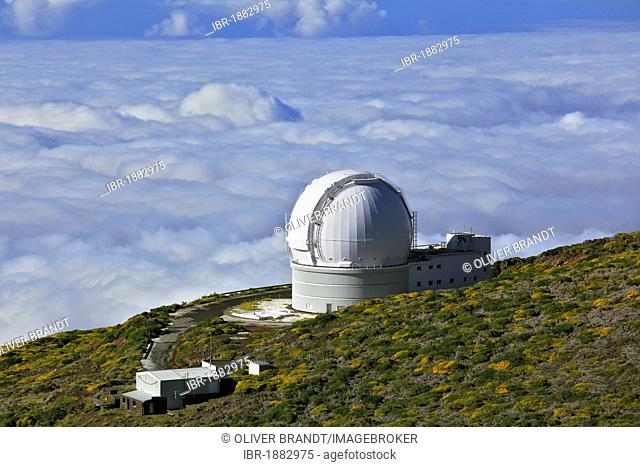 Mountain Roque de los Muchachos, view from the top over the clouds, William Herschel Telescope, observatory Observatorio del Roque de los Muchachos, ORM