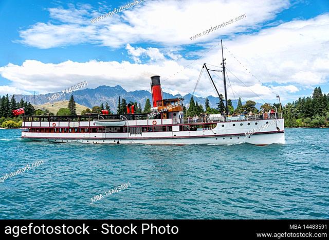 Antique steamboat on lake Wakatipu in Queenstown, South Island of New Zealand