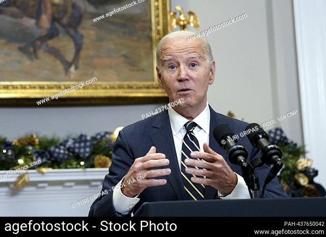 United States President Joe Biden delivers remarks urging the US Congress to pass his national security supplemental request