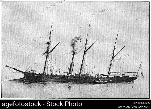 The steam 2nd-class aviso Renard (1866), of the French Navy. Illustration of the 19th century. Germany. White background