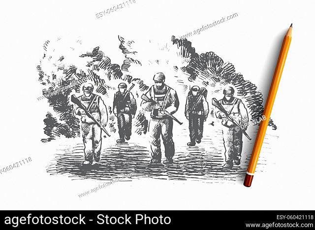 War concept. Hand drawn soldiers fighting at war. Battle scene isolated vector illustration