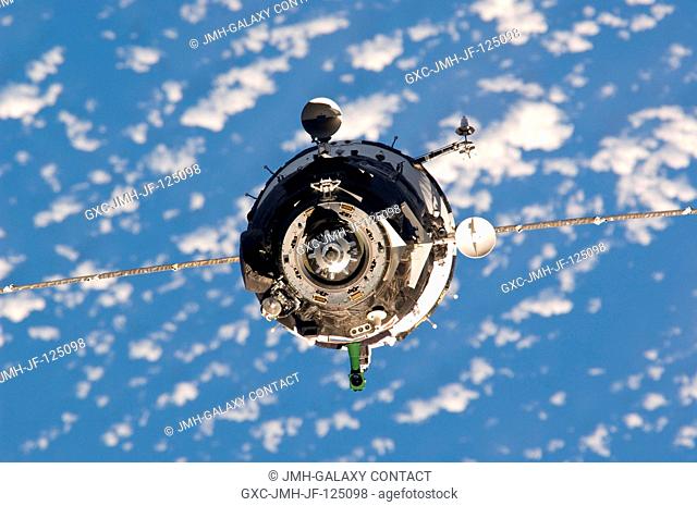 The Soyuz TMA-01M spacecraft approaches the International Space Station, carrying Russian cosmonaut Alexander Kaleri, Soyuz commander and Expedition 25 flight...