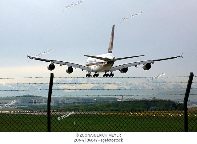 Airbus A380 is approaching Zuerich airport
