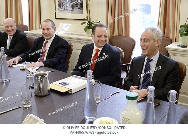 Incoming White House chief of staff Reince Priebus(C) is joined by Formers White House Chief of Staff William Daily (L)