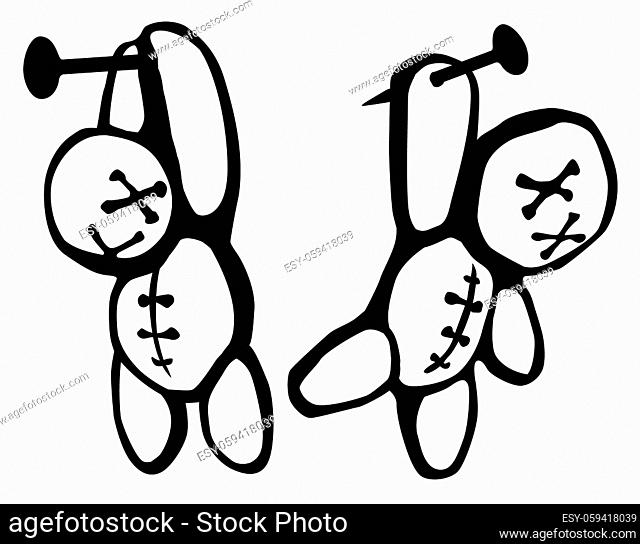 Voodoo doll two hanging stencil black, vector illustration, horizontal, isolated