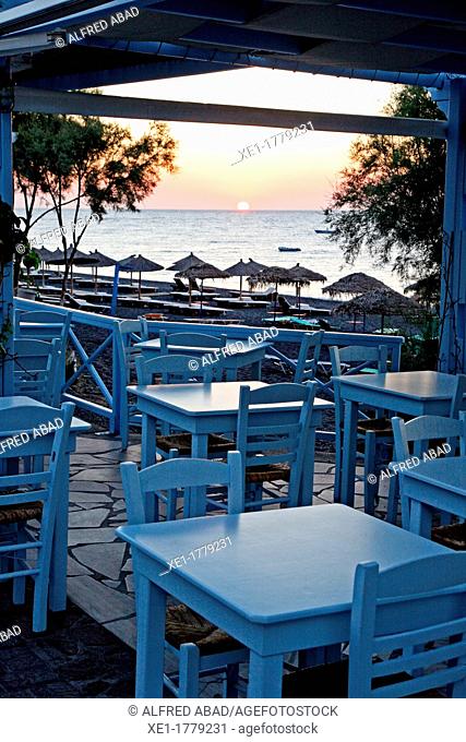 tavern, sunrise, Kamari, Santorini, Greece