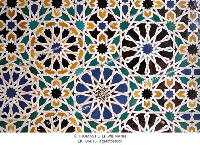 Artful mosaic at Sala de los Embajadores hall in the moorish palace Alhambra, Granada, Andalusia, Spain