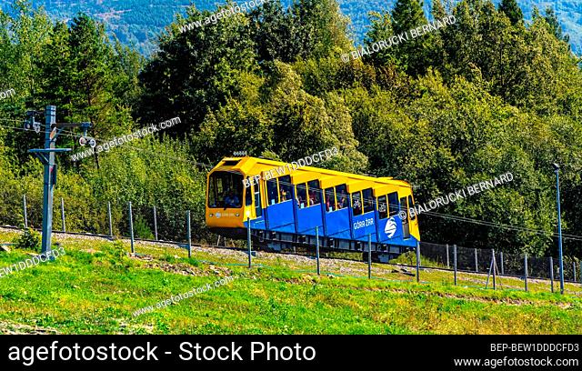 Zywiec, Poland - August 30, 2020: Cable train funicular wagon climbing atop Gora Zar Mountain in Miedzybrodzie Zywieckie in Silesia region of Poland