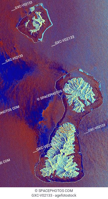 This radar image shows three of the Society Islands located 220 kilometers 136 miles northwest of Tahiti in French Polynesia in the south Pacific ocean