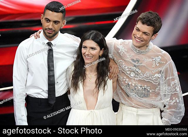 The finalists Elisa, Mahmood and Blanco at the 72 Sanremo Festival. Final evening. Valentino and Burberry clothes. Sanremo (Italy), February 5th, 2022