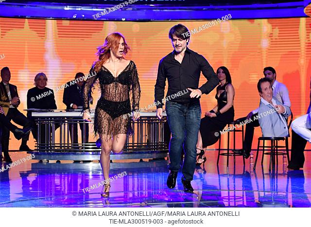 Ettore Bassi dancing with Alessandra Tripoli at tv show Porta a porta, Rome, ITALY-29-05-2019
