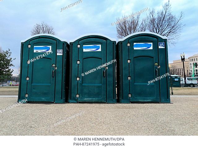 Three portable toilets for the inauguration celebration of President-elect Donald Trump can be seen in Washington, US, 14 January 2017