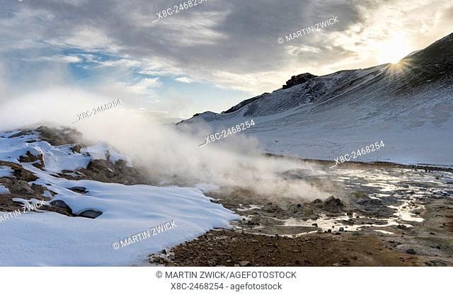 Geothermal area Hveraroend with mudpots, fumarales and solfataras near lake Myvatn and the ring road. europe, northern europe, iceland, February