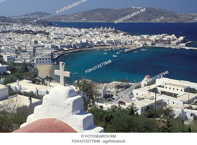 Mykonos, Greek Islands, Cyclades, Greece, Europe, Scenic view of Mykonos Harbor on the Aegean Sea