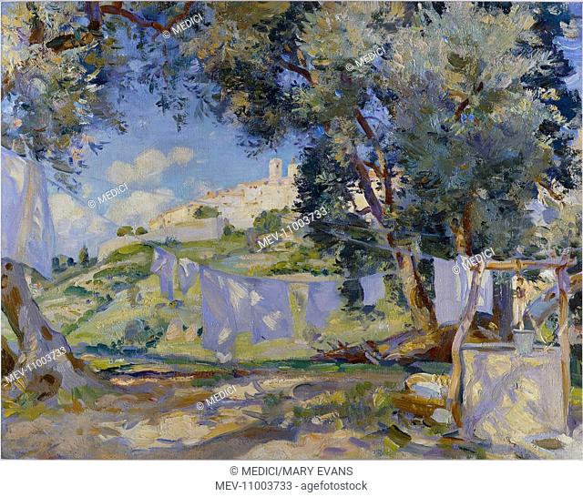 A Light Breeze, Biôt, Provence' – with washing hanging out to dry in the foreground, and hill village in the background