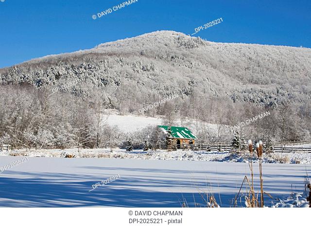 snow covered trees on a mountain and a stable with a green roof, iron hill quebec canada