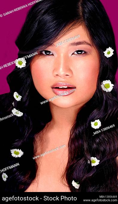 Thai girl, pink lips, long black hair, flowers, beauty, portrait
