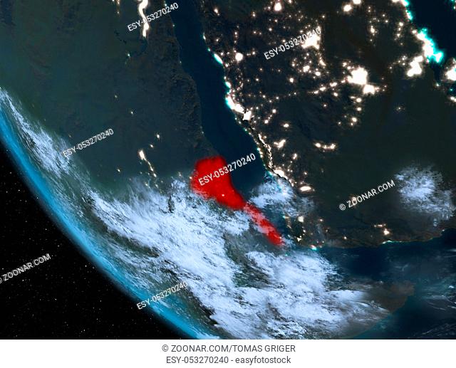 Eritrea at night highlighted in red on planet Earth with clouds. 3D illustration. Elements of this image furnished by NASA
