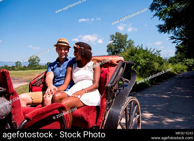 a young man and a beautiful African American girl enjoying horse carriage rides in nature on a sunny summer day