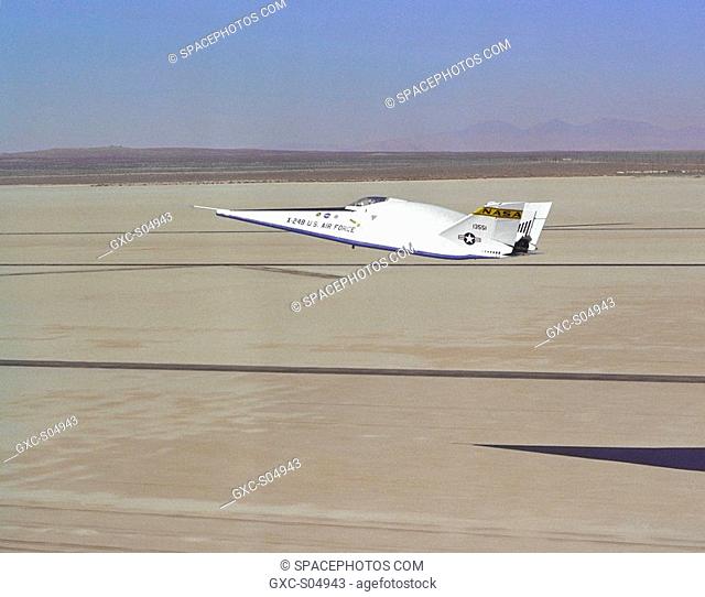 The X-24B is seen here landing on Rogers Dry Lake, adjacent to the NASA Dryden Flight Research Center, Edwards, California