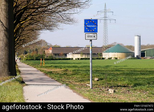 Herongen, Germany April 10th, 2020: Symbol pictures - Coronavirus - 04/10/2020 border sign Netherlands, border, border traffic, travel traffic