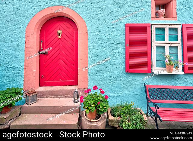 house front, house door, window, town view, autumn, Rothenfels, Main-Spessart, Franconia, Bavaria, Germany, Europe