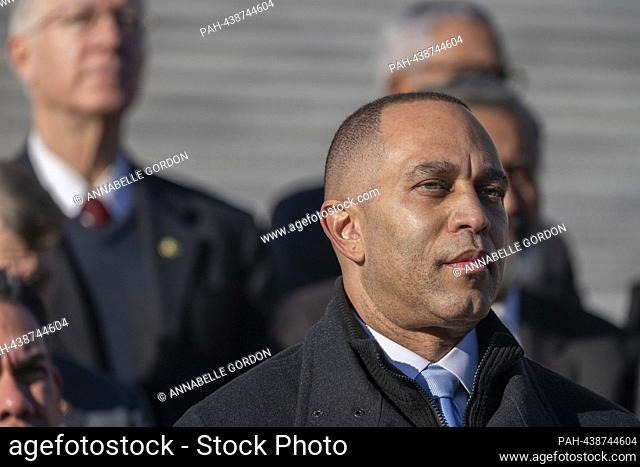 United States House Minority Leader Hakeem Jeffries (Democrat of New York) speaks with members of the Gun Violence Prevention Task Force at an event to mark the...