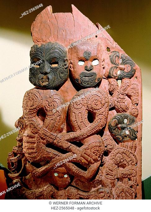Carving from the front of a storehouse depicting the Maori gods, Rangi the sky father and Papa the earth mother, as a copulating couple