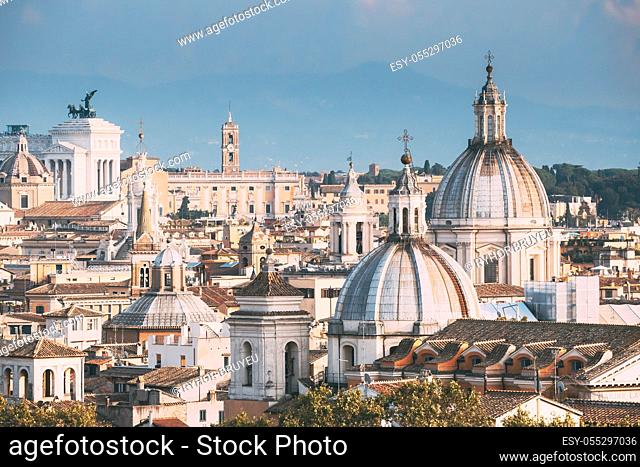 Rome, Italy. Cityscape With Such Famous Churches As Sant'agnese, Santa Maria Della Pace, St. Salvatore At The Laurels