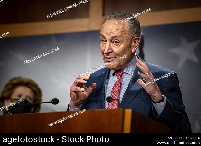 United States Senate Majority Leader Chuck Schumer (Democrat of New York), speaks during a news conference with Democratic Senators (not pictured) Patty Murray...