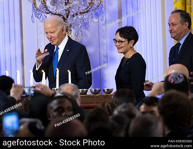 United States President Joe Biden with Rabbi Angela Buchdahl, Senior Rabbi at Central Synagogue, New York City, and Second Gentleman Douglas Emhoff as they host...
