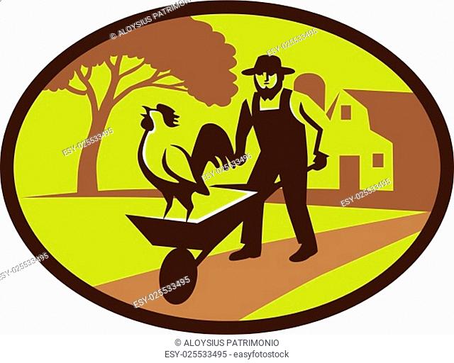 Illustration of an amish farmer wearing hat holding wheelbarrow with rooster on top set inside oval shape with tree and farmhouse in the background done in...