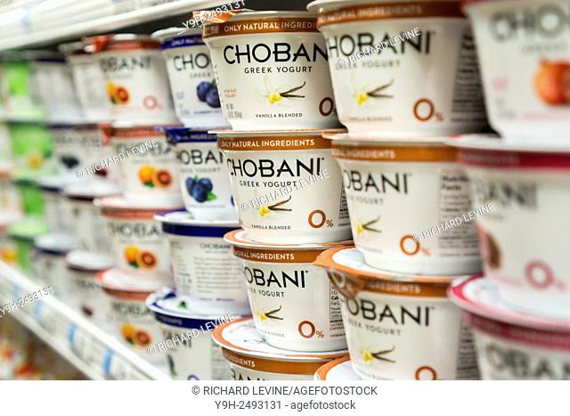 Containers of Chobani brand Greek style yogurt are seen on a supermarket shelf in New York