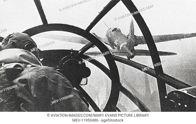 A Front Gunners View of Two Luftwaffe Heinkel He-111S flying in formation During the Battle-Of-Britain in 1940