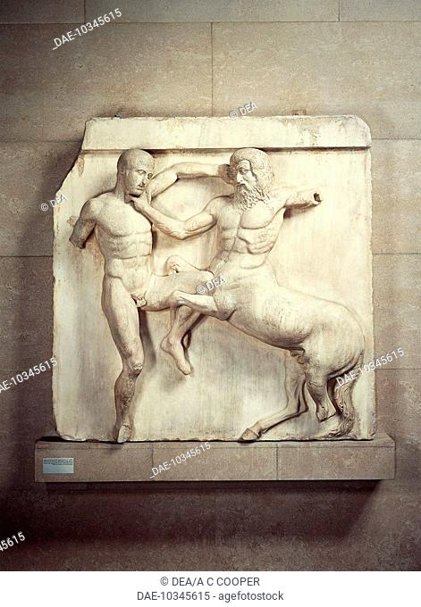 Greek civilization, 5th century b.C. Phidias, Centauromachia: Battle between Centaurs and Lapiths. High relief from the metopes on the south side of the...