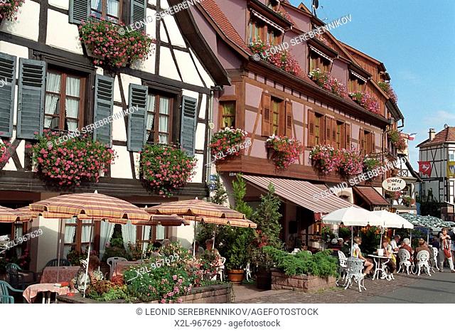 Street cafe in Obernai  Alsace, France