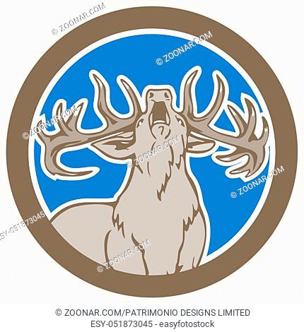 Illustration of a stag deer buck head roaring facing front looking up set inside circle shape on isolated background done in retro style