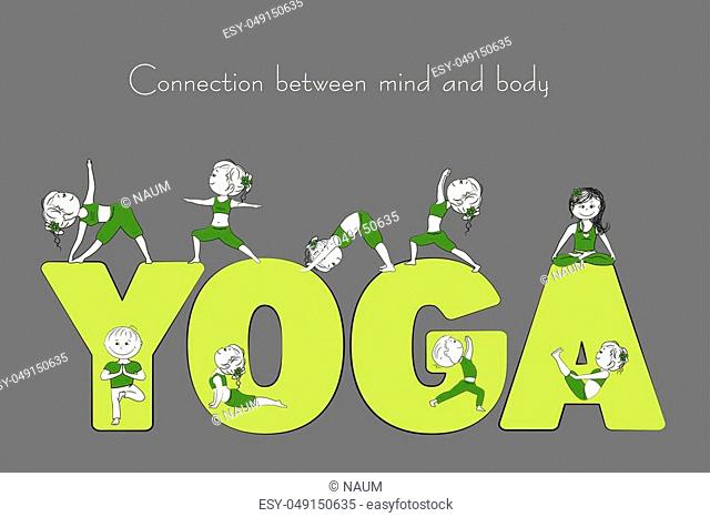 Yoga word and smile people in various yoga poses, vector